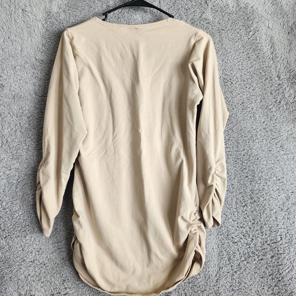PLANET BY LAUREN G WOMENS TOP SIZE 1 (4/8) SAND COTTON LYCRA LONG SLEEVE RUCHE - Picture 2 of 10